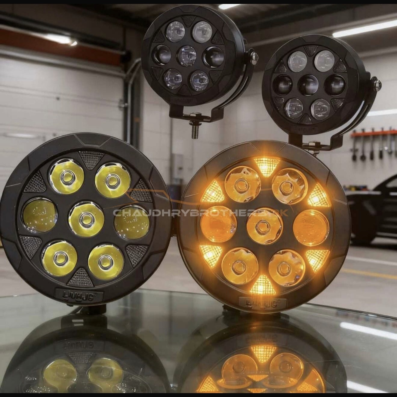 HJG NEW 5+2 LED SMD LIGHTS WITH PROJECTOR LENS-WHITE YELLOW WITH DRL & HARNESS-EXTERNAL-LED-140WATT (EL-42) - Image 2