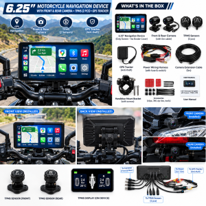 6.25 INCH MOTORCYCLE NAVIGATION DEVICE WITH FRONT AND BACK CAMERA-TYRE PRESSURE-GPS TRACKER