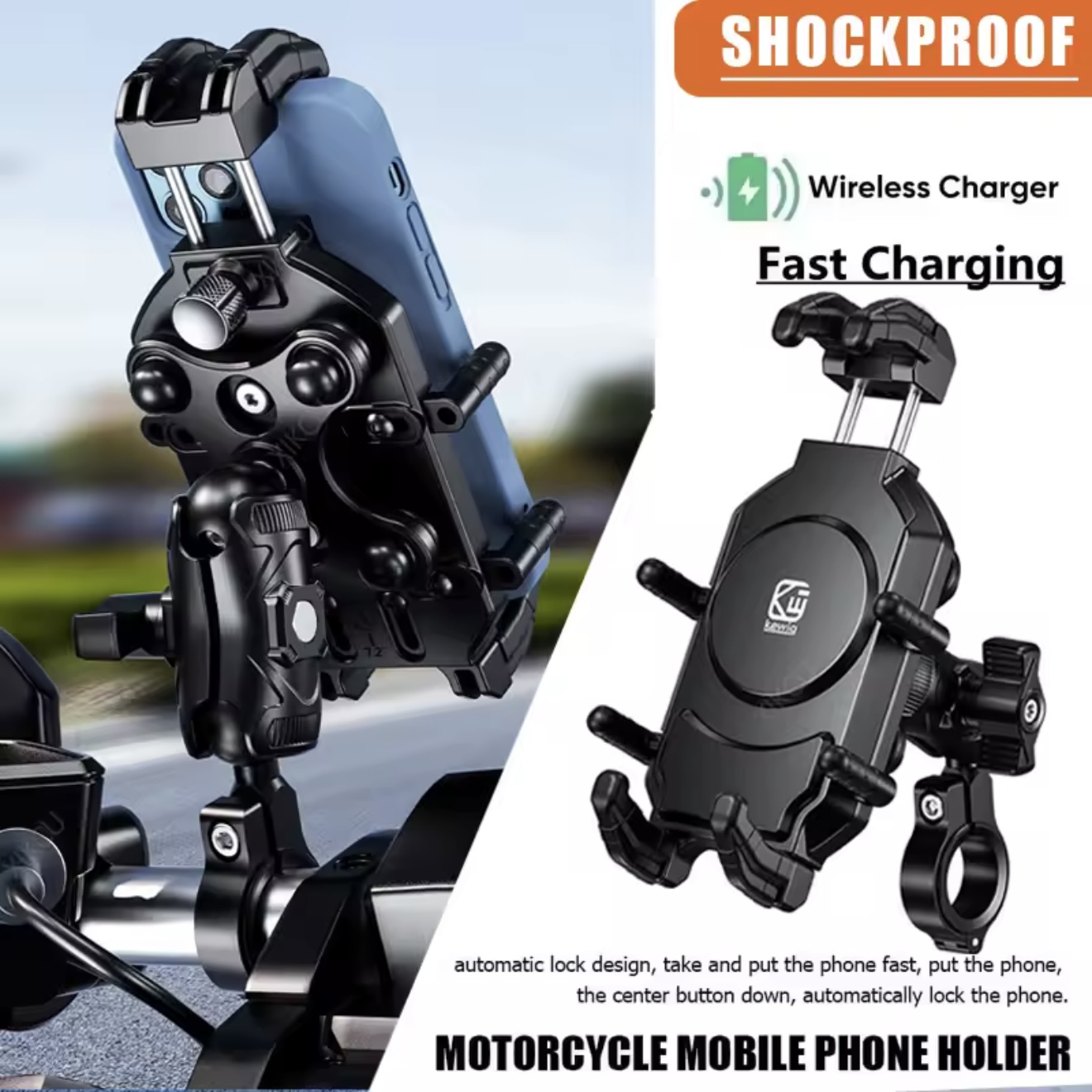 KEWIG MOTORCYCLE MOBILE HOLDER Q1 WIRELESS CHARGING WITH USB-C TYPE FAST CHARGING SHOCKPROOF (MH-06) - Image 2