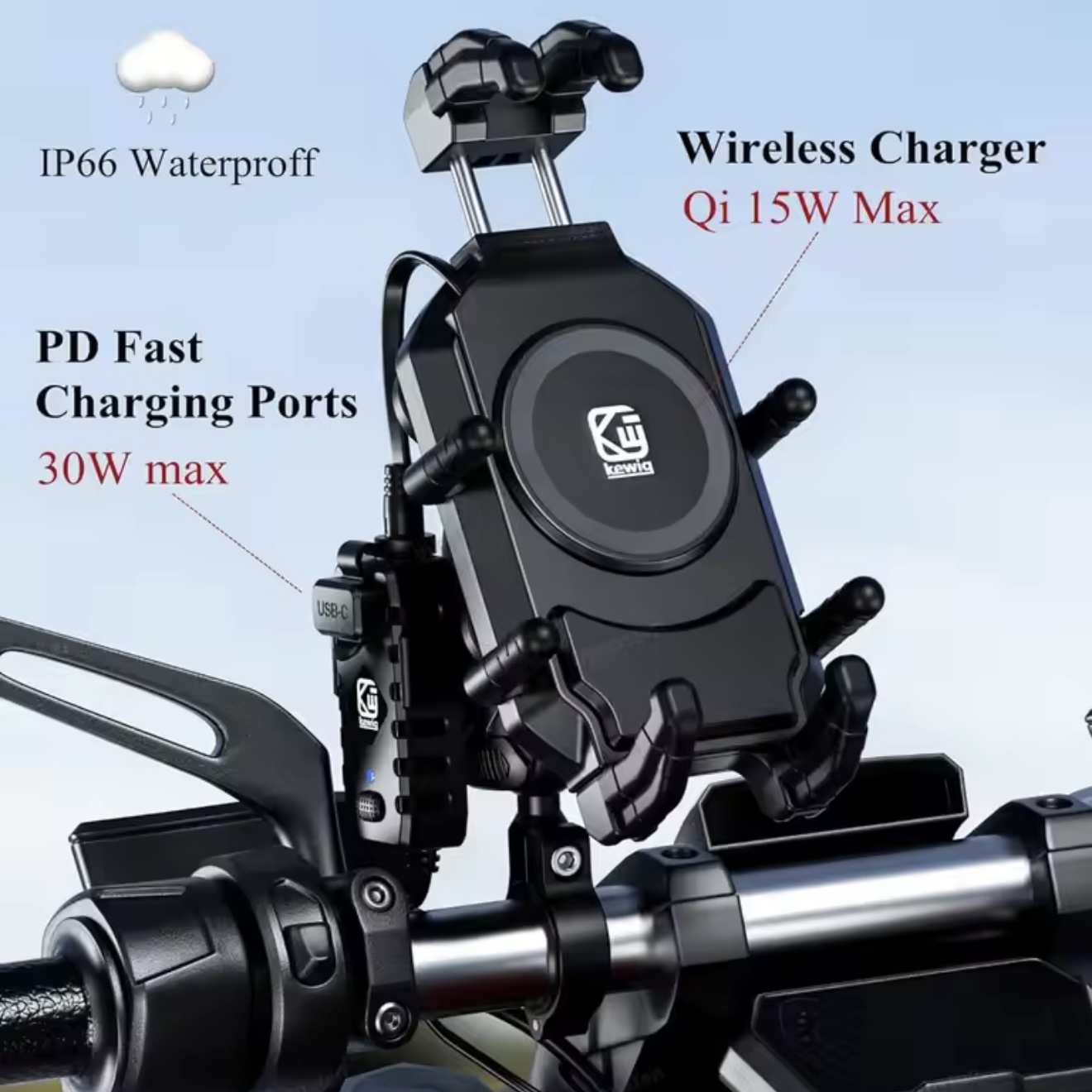 KEWIG MOTORCYCLE MOBILE HOLDER Q1 WIRELESS CHARGING WITH USB-C TYPE FAST CHARGING SHOCKPROOF (MH-06) - Image 5
